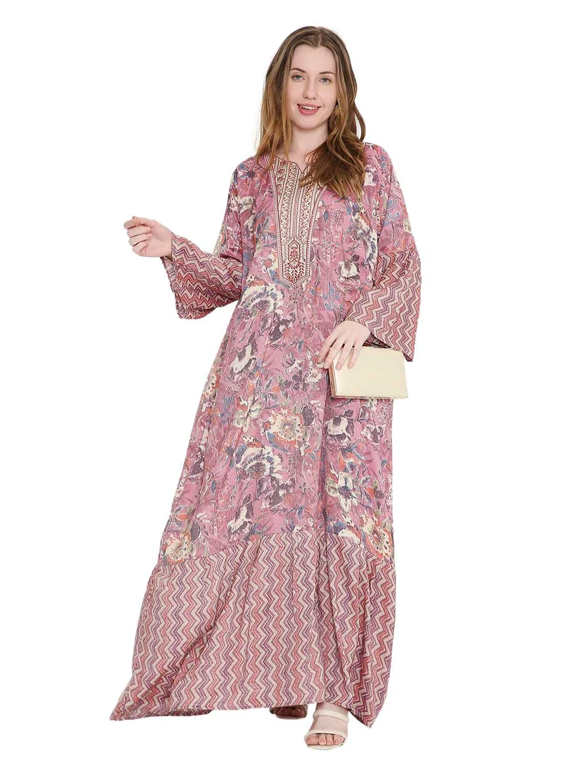 هانا آند سارا long viscose printed farasha with unique thread embroidered arabic kaftan jalabiya dress