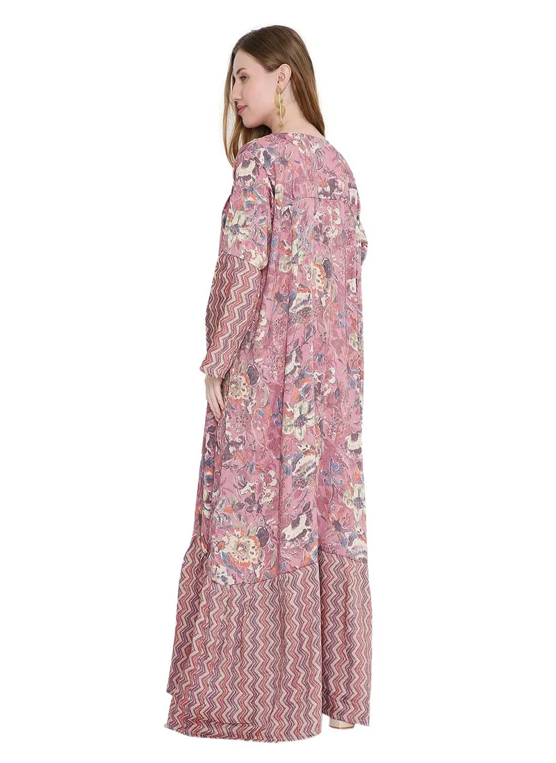 هانا آند سارا long viscose printed farasha with unique thread embroidered arabic kaftan jalabiya dress