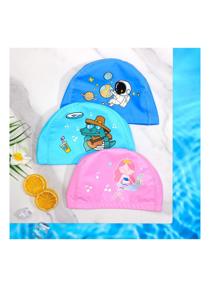 SYOSI 3 Pieces Kids Swimming Cap, Mermaid Astronaut Dinosaur Swim Hat Stretchable Waterproof Swimming Cap for Children Aged 3-15 Boys Girls Teens Long Short Curly Hair, 3 Styles - Image 5