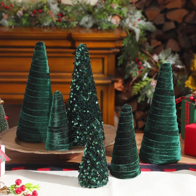 6 PCS VELVET TREES SET MODERN CHRISTMAS TREES WINTER DECORATIONS FOR HOME RUSTIC MINIMALIST FARMHOUSE DECOR GREEN
