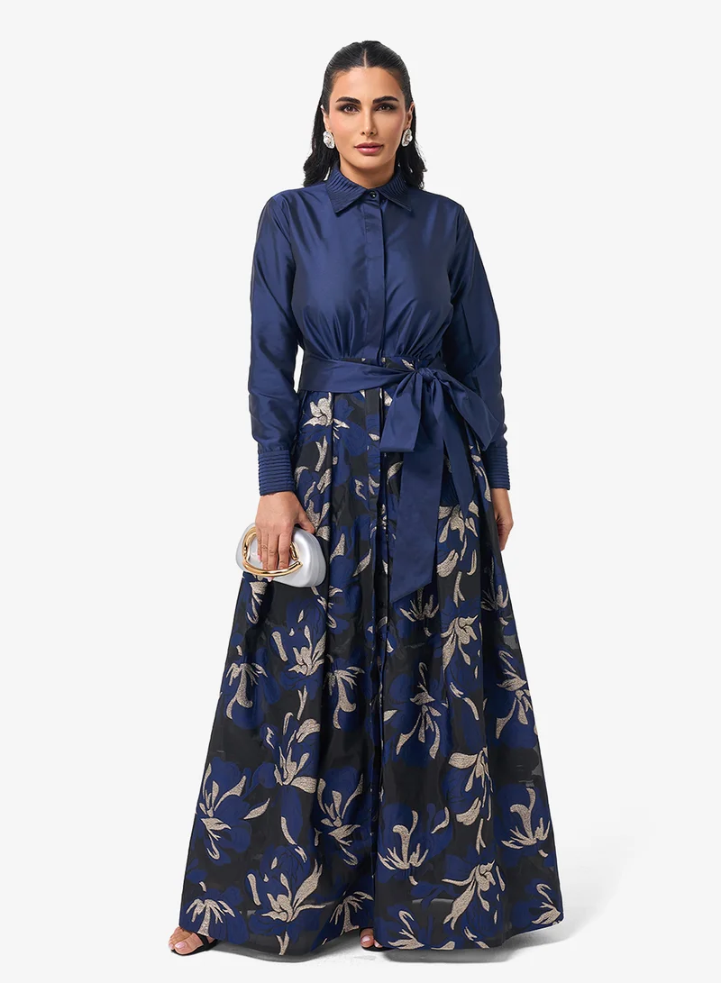 Threadz by Ajooni Belted Long Sleeve Shirt Maxi Dress