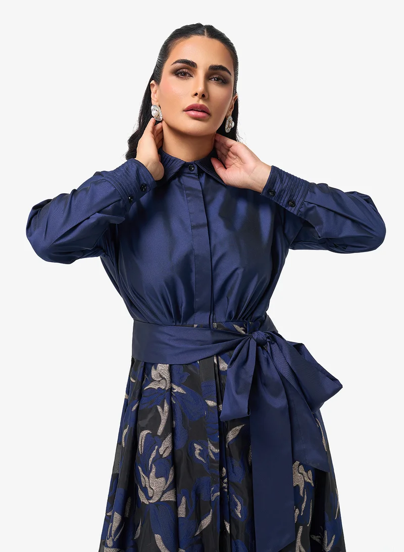 Threadz by Ajooni  Belted Long Sleeve Shirt Maxi Dress for Women | Best Price UAE