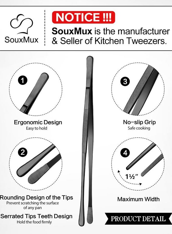 SouxMux 2 Pcs 25.5cm Cooking Tweezers Tongs Precision Serrated Tips, Stainless Steel Professional Chef Tweezer Kitchen Tools for BBQ, Plating and Serving (Black) - Image 2
