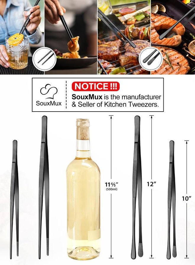 SouxMux 2 Pcs 25.5cm Cooking Tweezers Tongs Precision Serrated Tips, Stainless Steel Professional Chef Tweezer Kitchen Tools for BBQ, Plating and Serving (Black) - Image 3