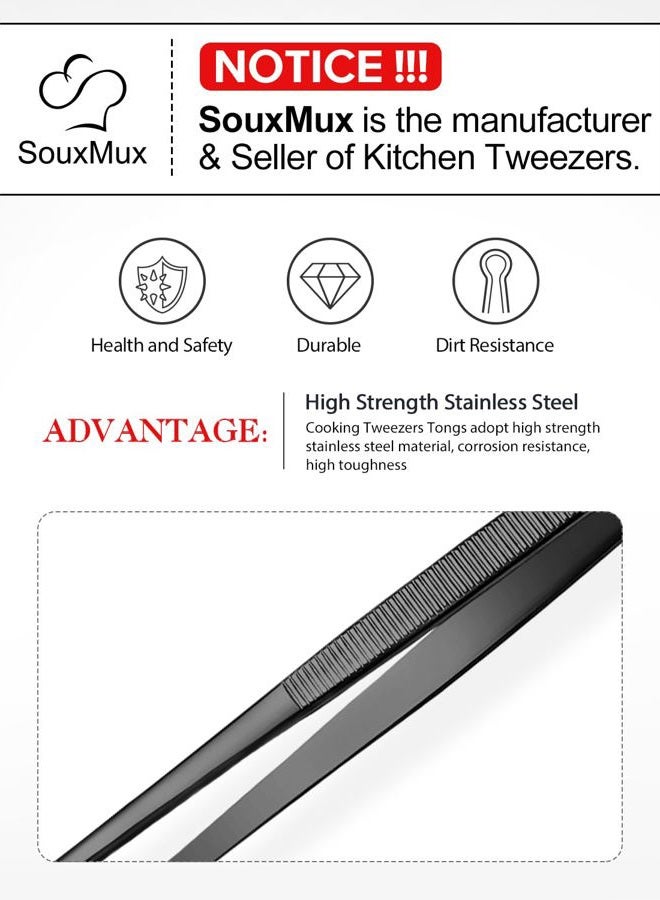 SouxMux 2 Pcs 25.5cm Cooking Tweezers Tongs Precision Serrated Tips, Stainless Steel Professional Chef Tweezer Kitchen Tools for BBQ, Plating and Serving (Black) - Image 4