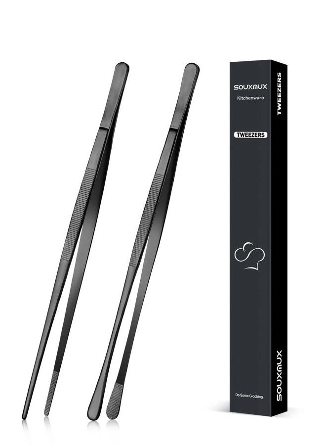 SouxMux 2 Pcs 25.5cm Cooking Tweezers Tongs Precision Serrated Tips, Stainless Steel Professional Chef Tweezer Kitchen Tools for BBQ, Plating and Serving (Black) - Image 1
