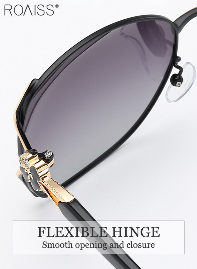 رويس نظارة شمسية مستقطبة على شكل فراشة للنساء، نظارة الشمس الواقية من الأشعة فوق البنفسجية 400 بإطار أسود ذهبي مزين بنمط زهرة، ظلال شمس مضادة للوهج عصرية أنيقة للنساء مع حافظة النظارة، 61 مم - Image 5
