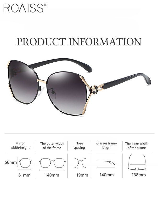 رويس نظارة شمسية مستقطبة على شكل فراشة للنساء، نظارة الشمس الواقية من الأشعة فوق البنفسجية 400 بإطار أسود ذهبي مزين بنمط زهرة، ظلال شمس مضادة للوهج عصرية أنيقة للنساء مع حافظة النظارة، 61 مم - Image 3