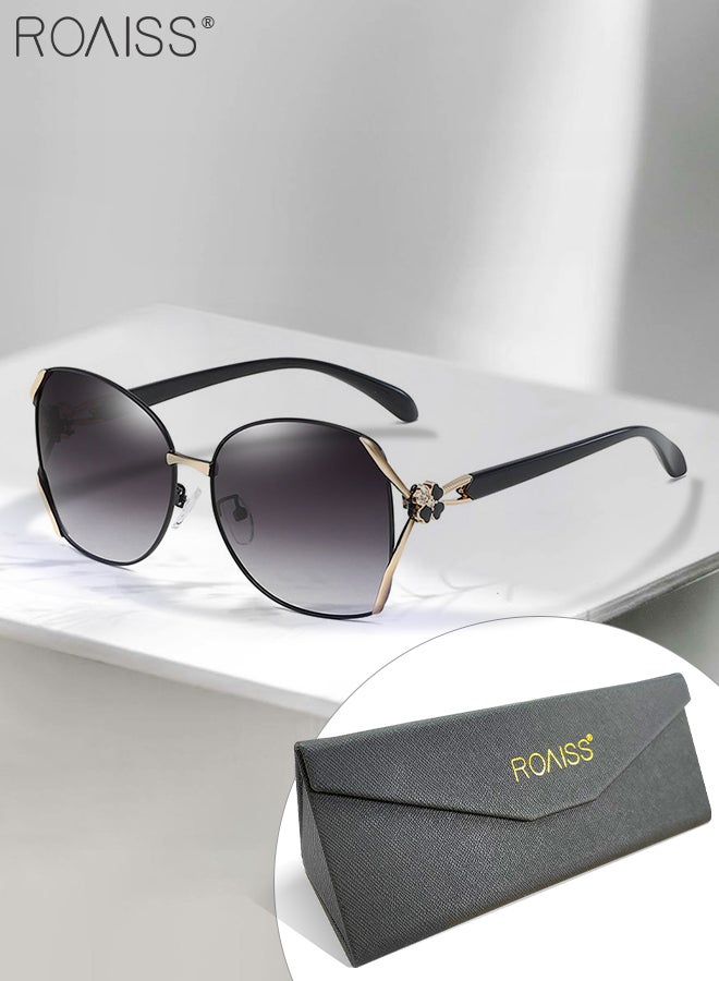 رويس نظارة شمسية مستقطبة على شكل فراشة للنساء، نظارة الشمس الواقية من الأشعة فوق البنفسجية 400 بإطار أسود ذهبي مزين بنمط زهرة، ظلال شمس مضادة للوهج عصرية أنيقة للنساء مع حافظة النظارة، 61 مم - Image 2