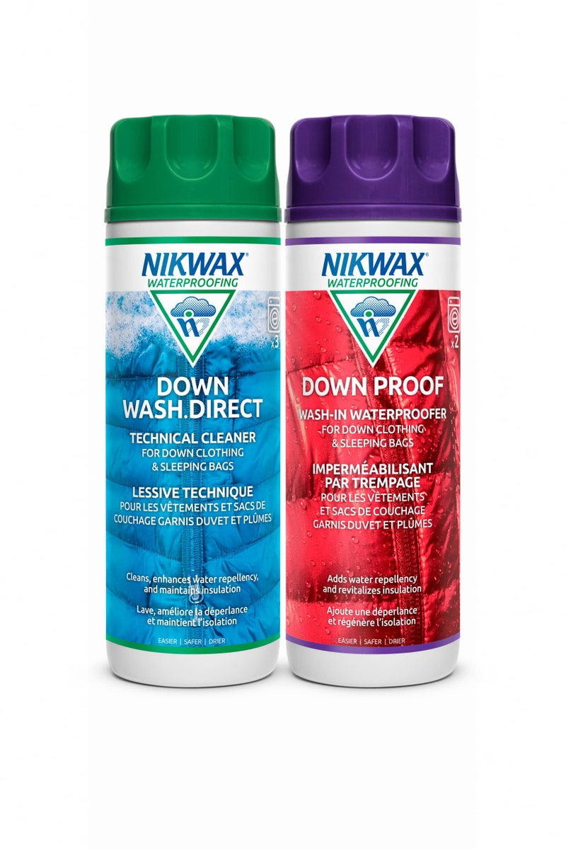 Nikwax Down, Down DUO-Pack, 300ml, Wash-In Cleaning and Waterproofing adds DWR Water Repellency to Down Filled Jackets, Outerwear, Sleeping Bags, Restores and Protects Insulation and Loft - Image 1