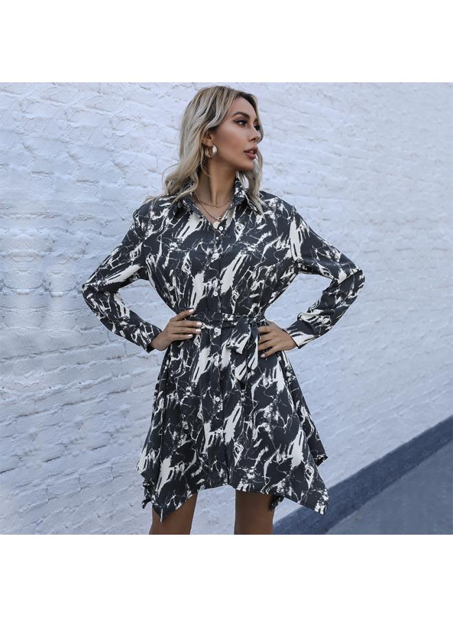 Independent Station European And American Women's Lapel Tie-dye Printing Retro Long Sleeve Shirt Dress Women