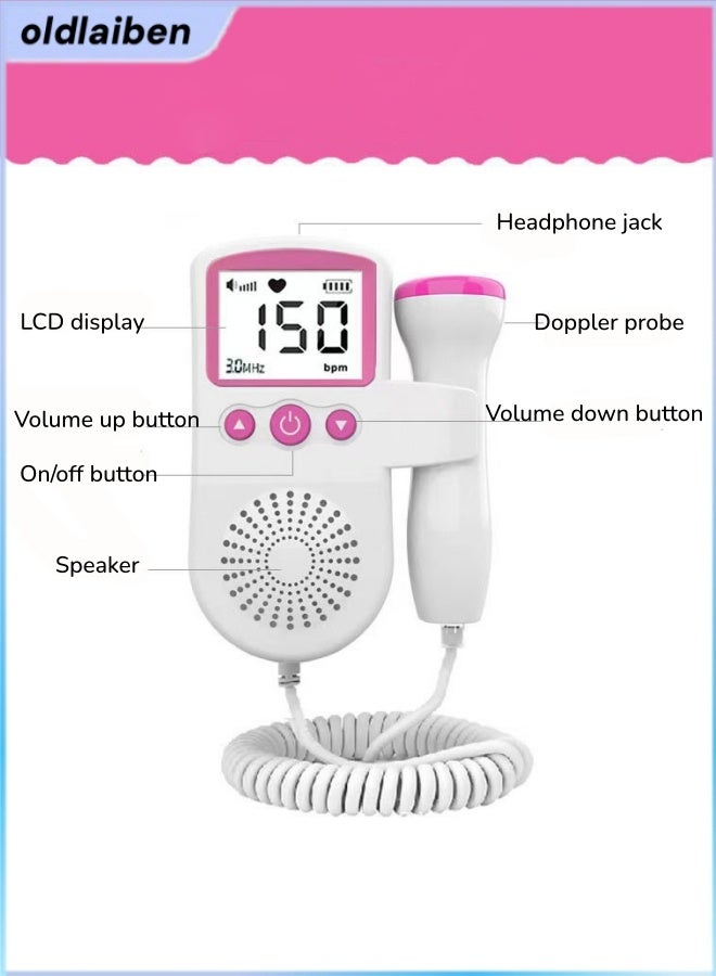 الدليبن جهاز مراقبة معدل ضربات قلب الجنين، جهاز مراقبة دوبلر للجنين، جهاز دوبلر محمول بالموجات فوق الصوتية، أجهزة مراقبة ما قبل الولادة بدون إشعاع، مزود بشاشة LCD، حساسية عالية، خاصية إلغاء الضوضاء، متوافق مع سماعات الرأس. مناسب للأمهات الجدد، للاستخدام المنزلي، المكتبي، أثناء السفر. - Image 2
