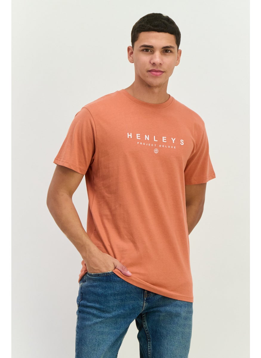 Henleys - Men Crew Neck Short Sleeves Brand Logo T-Shirt, Coral - Image 1