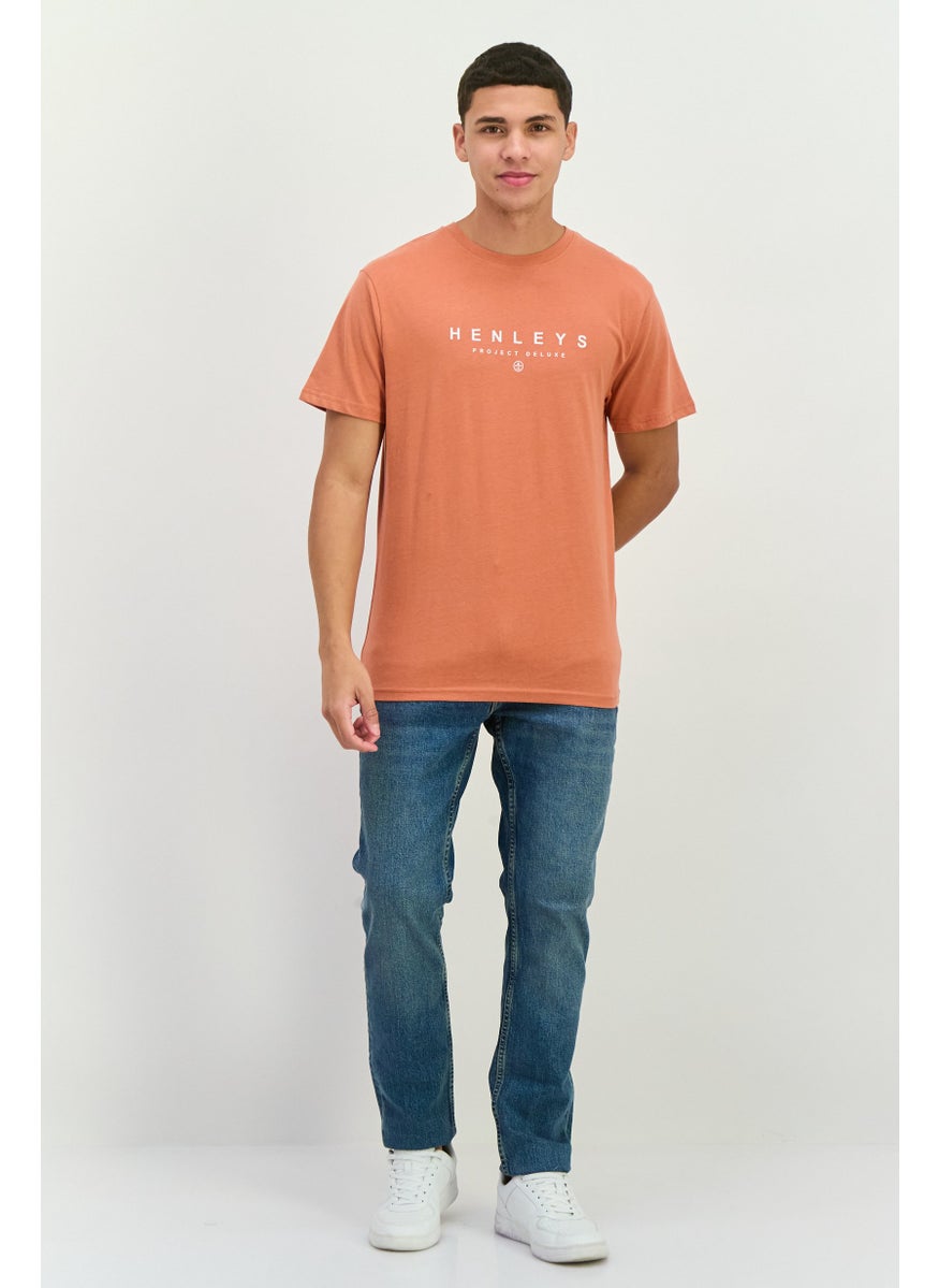 Henleys - Men Crew Neck Short Sleeves Brand Logo T-Shirt, Coral - Image 1