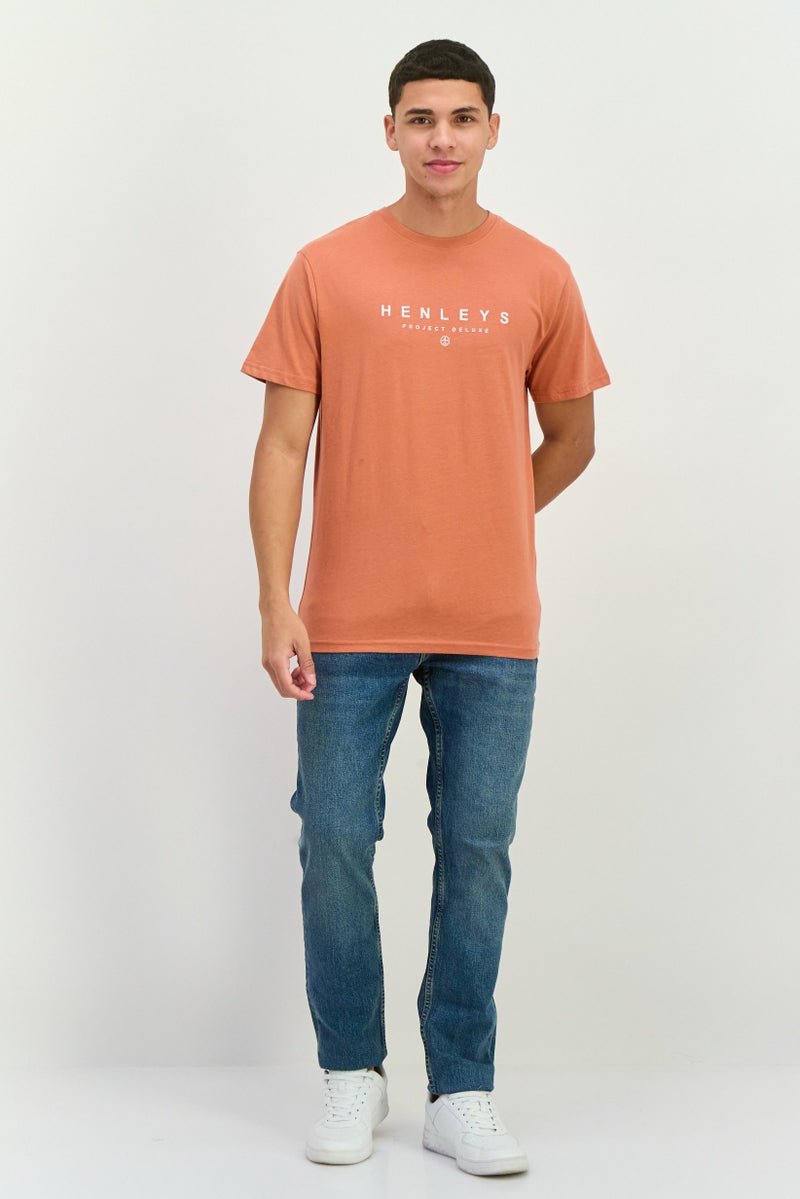 Henleys Men Crew Neck Short Sleeves Brand Logo T-Shirt, Coral - Image 4