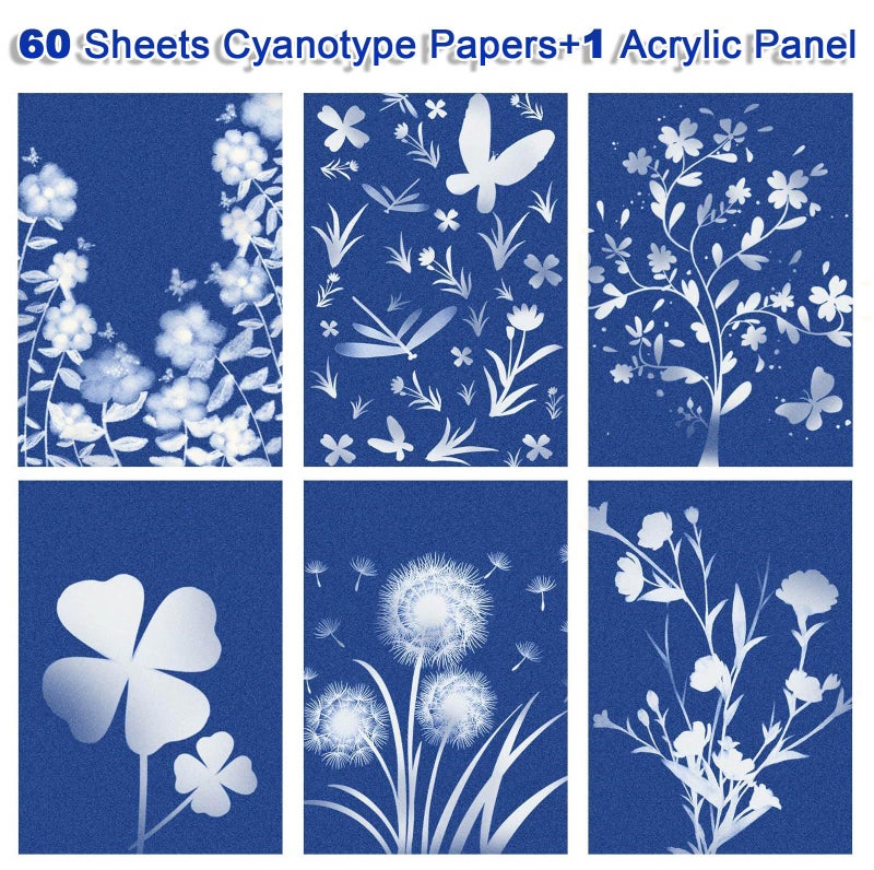 LIGHOON Sun Print Paper Kit Cyanotype Paper, 60 Sheets Cyanotype Papers with 1 Sheet Acrylic Panel, High Sensitive Nature Solar Activated Printing Art Supplies for Arts Crafts DIY Project - Image 3