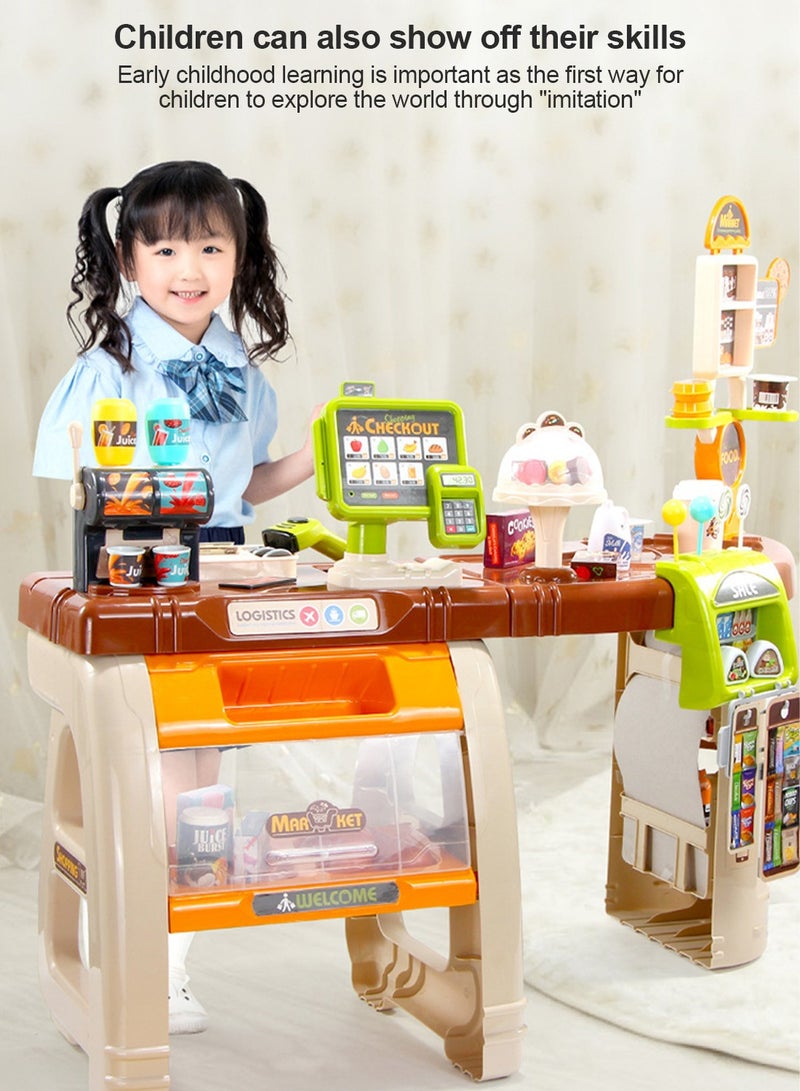 Sharpdo 65 قطعة محاكاة تسوق سوبرماركت كاشير عربة تسوق ألعاب سوبرماركت للأطفال مجموعة لعب أدوار سوبرستور ألعاب أطفال سوبرماركت مع ضوء وصوت وماسح ضوئي يعمل وعربة تسوق - Image 2