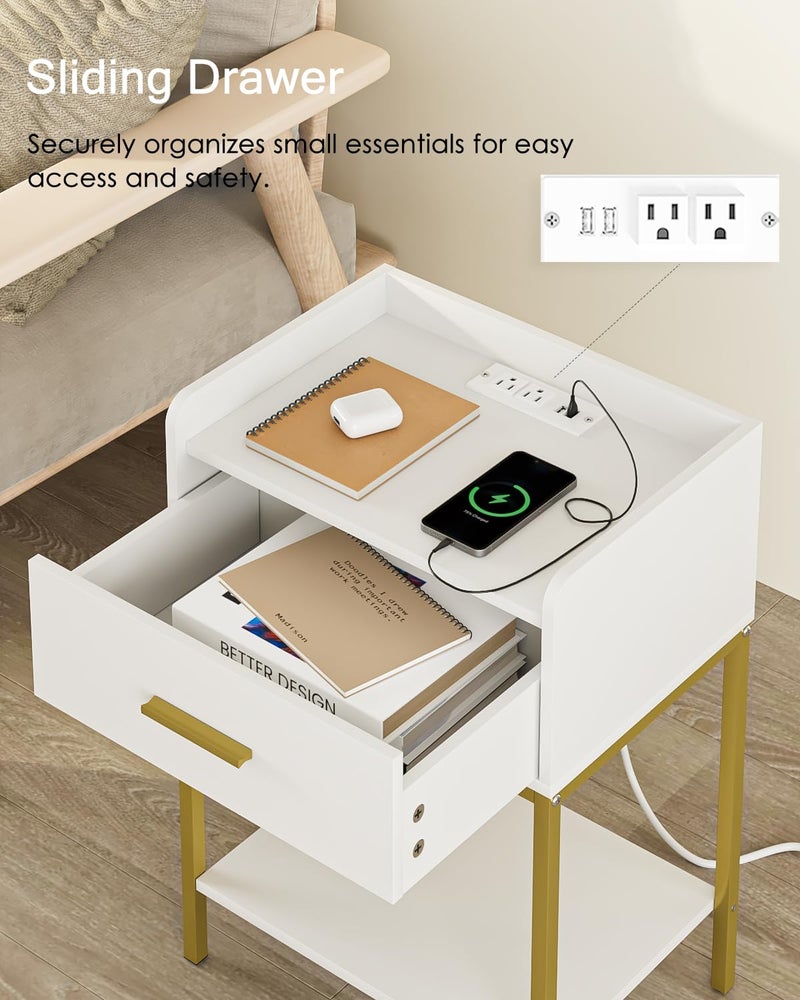 Masupu Nightstand with Charging Station,3-Tier Modern Bedside Night Stand with Storage Drawer and Shelf,Small End Side Table for Bedroom,Living Room,White - Image 3