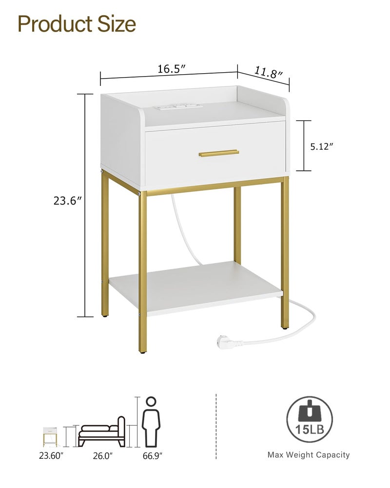 Masupu Nightstand with Charging Station,3-Tier Modern Bedside Night Stand with Storage Drawer and Shelf,Small End Side Table for Bedroom,Living Room,White - Image 2