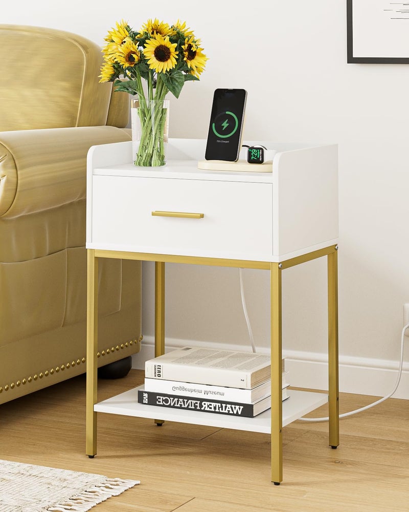 Masupu Nightstand with Charging Station,3-Tier Modern Bedside Night Stand with Storage Drawer and Shelf,Small End Side Table for Bedroom,Living Room,White - Image 4