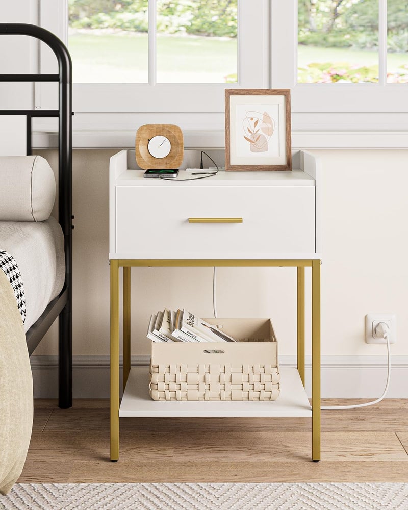 Masupu Nightstand with Charging Station,3-Tier Modern Bedside Night Stand with Storage Drawer and Shelf,Small End Side Table for Bedroom,Living Room,White - Image 1