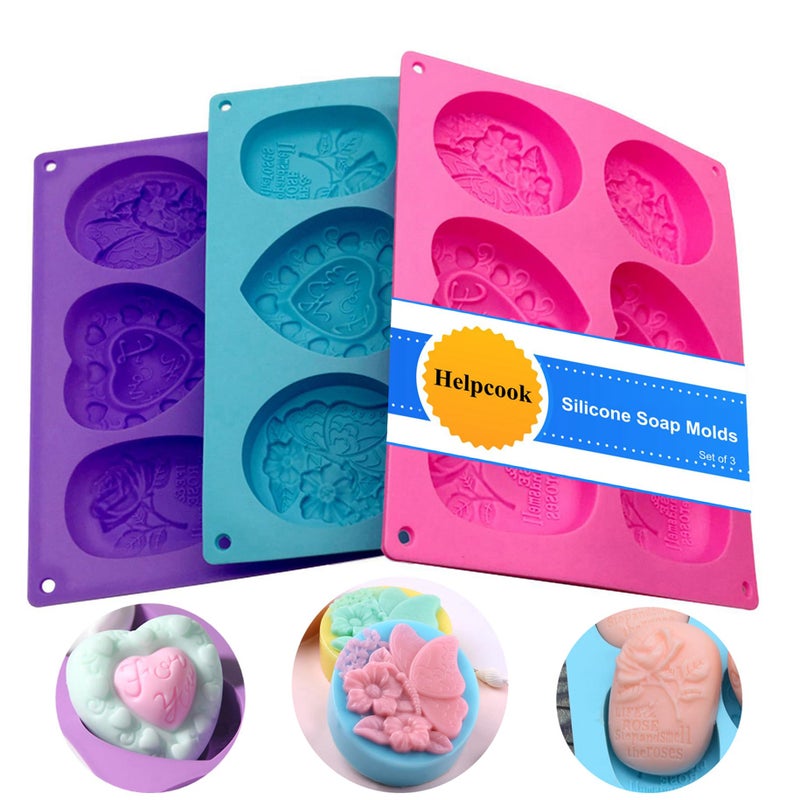 Helpcook 3 Pack Silicone Soap Molds 6 Cavities Mixed Patterns BPA Free Easy Release