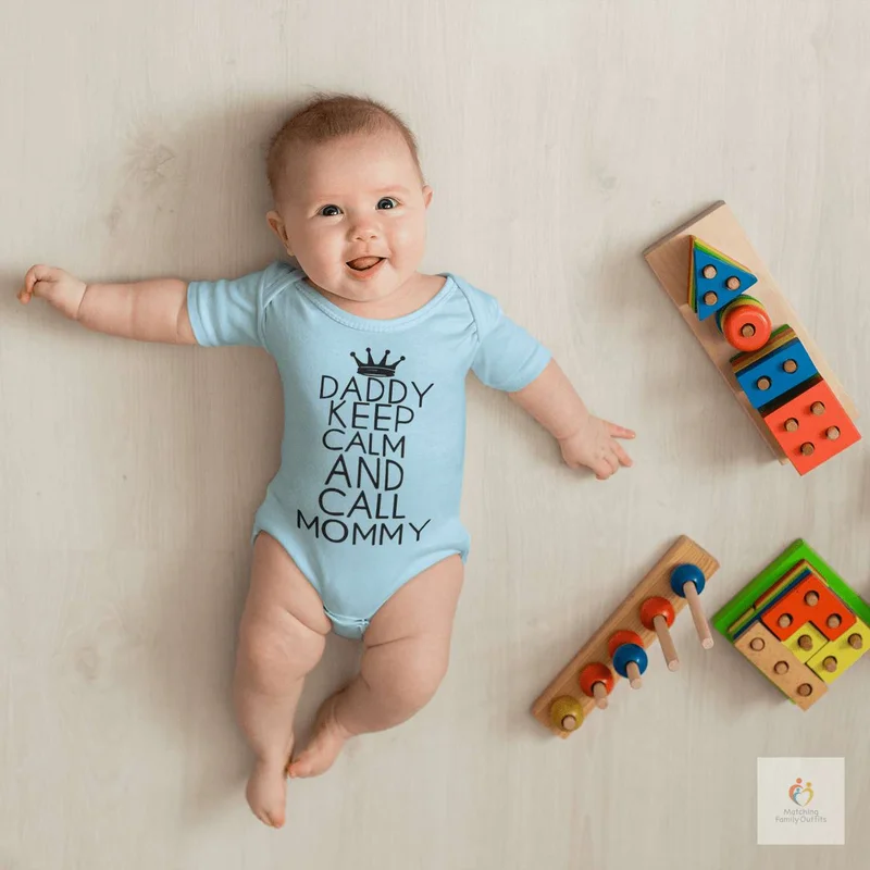 Matching Family Outfits Daddy Keep Calm and Call Mommy Baby Romper – Funny Printed Infant Bodysuit, Soft Cotton Short Sleeve Newborn Outfit, Unisex Baby Boy Girl Jumpsuit, Cute Gift for Babies (BLUE)