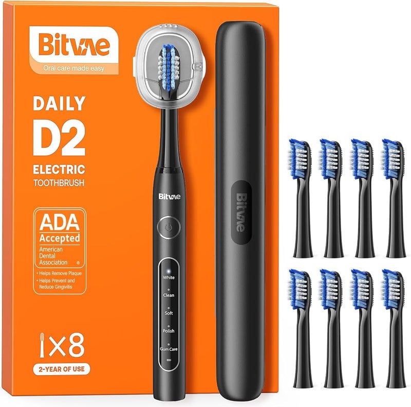 Bitvae Electric Toothbrush for Adults - Ultrasonic Electric Toothbrushes with 8 Brush Heads, ADA Accepted Power Rechargeable Toothbrush with 5 Modes, Smart Timer, Black D2 - Image 1