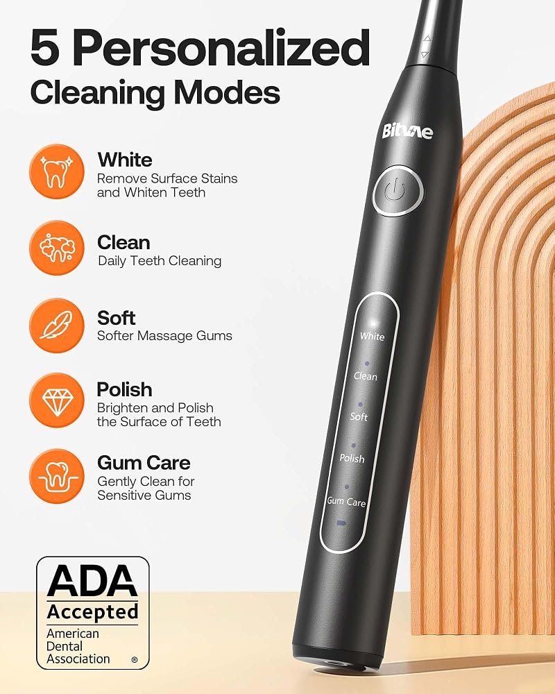 Bitvae Electric Toothbrush for Adults - Ultrasonic Electric Toothbrushes with 8 Brush Heads, ADA Accepted Power Rechargeable Toothbrush with 5 Modes, Smart Timer, Black D2 - Image 5