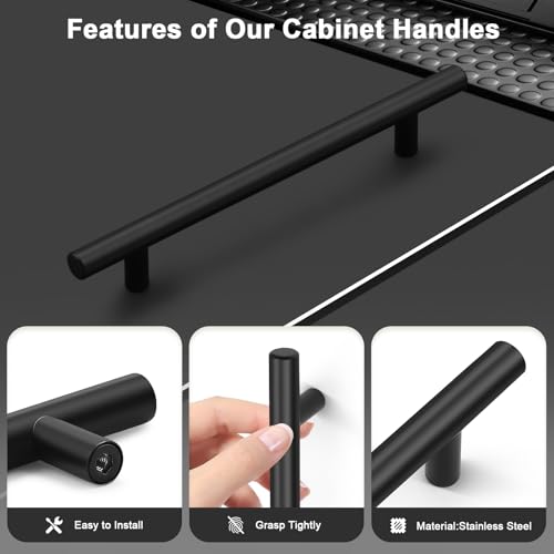 Probrico 10 Pack Hole Centers(160mm) 6.25inch Matte Black Kitchen Cabinet Handles,Stainless Steel Dresser Drawer Pulls, 8.8inch Length Pull Handle for Cabinets - Image 2