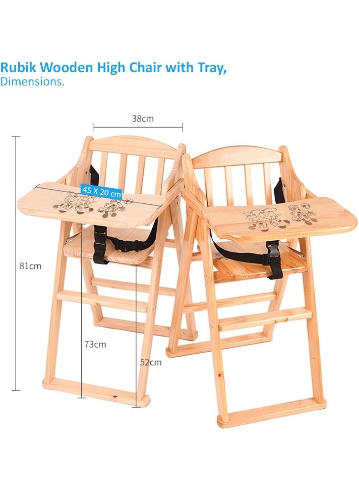 Rubik Baby High Chair with Cartoon Printed Tray Cushion and Safety Belt, Wooden Foldable Dinning Highchair for Kids Toddler Feeding (Un-polished, 20cm Tray) - Image 4