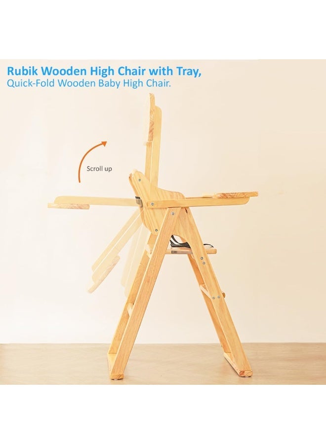 Rubik Baby High Chair with Cartoon Printed Tray Cushion and Safety Belt, Wooden Foldable Dinning Highchair for Kids Toddler Feeding (Un-polished, 20cm Tray) - Image 5