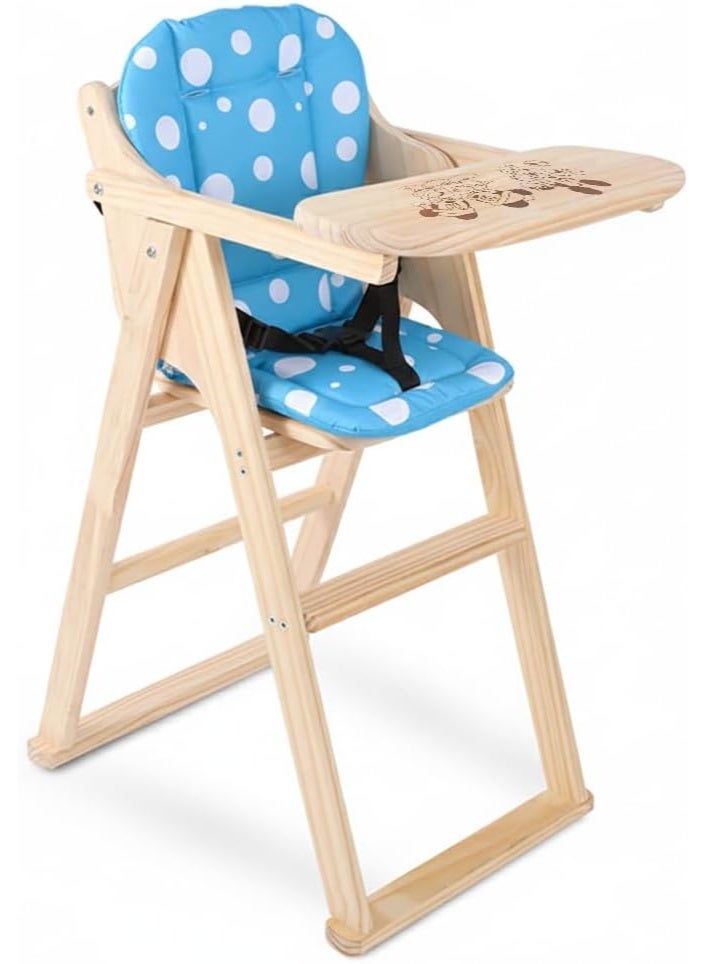 Rubik Baby High Chair with Cartoon Printed Tray Cushion and Safety Belt, Wooden Foldable Dinning Highchair for Kids Toddler Feeding (Un-polished, 20cm Tray) - Image 1
