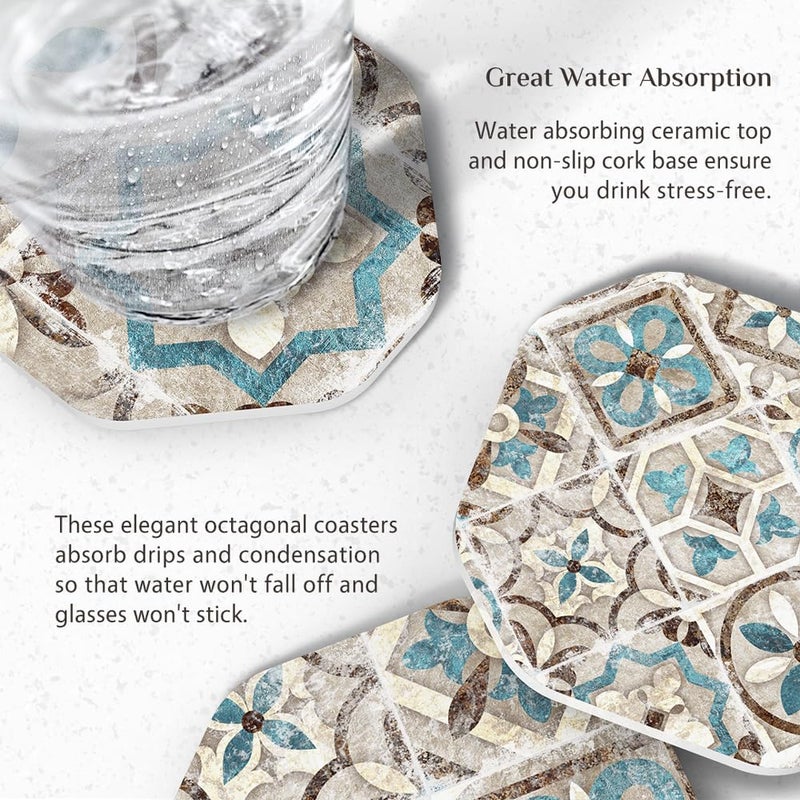 UMIRRO Drinks Coasters for Coffee Table Decor, Rustic Retro Boho Farmhouse Coasters, Absorbent Cup Mats for Wooden Table, Mandala Style, Unique Vintage Tile Design, Brown, 4", Set of 6 - Image 3