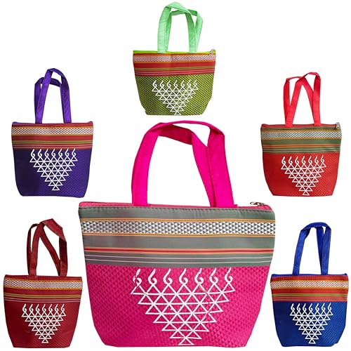 Zuvim Women’s Purses for Return Gift Women Hand Bags with Double Pockets Zipper for Ladies Gifting for Haldi Mehandi Wedding Ugadi Festivals, Multicolors (Warli Multi, 6 Bags) - Image 1