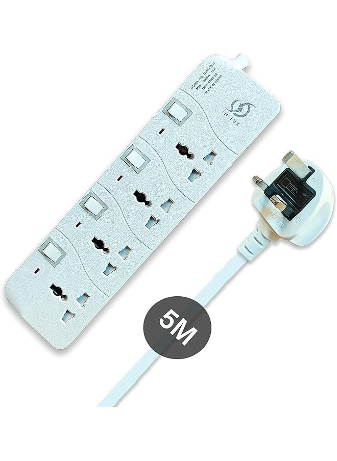 INFLUX INFLUX Extension Cord with 4-Outlet - 5 Meter Multi Plug Extension Cable for Maximum Reach and Versatility - Power Strip with Universal Plug adapter and Heavy duty power Cord with 13A Fused plug. 