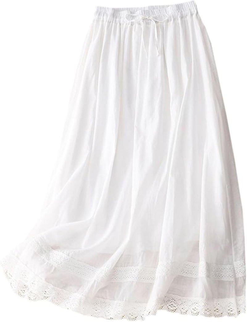 SANGTREE Women's Lace Cotton Linen Skirt Drawstring Waist A Line Beach Flowy Long Skirts, 2#lace White,(Tag Medium) - Image 1