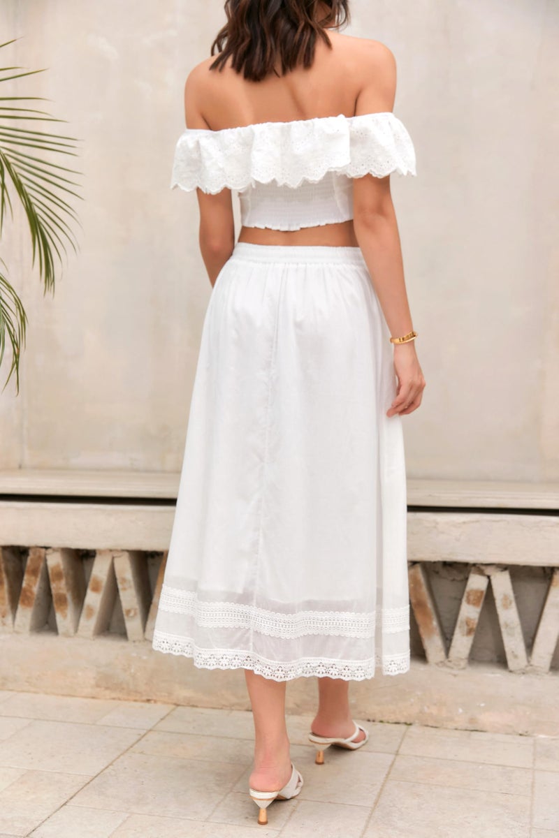 SANGTREE Women's Lace Cotton Linen Skirt Drawstring Waist A Line Beach Flowy Long Skirts, 2#lace White,(Tag Medium) - Image 5