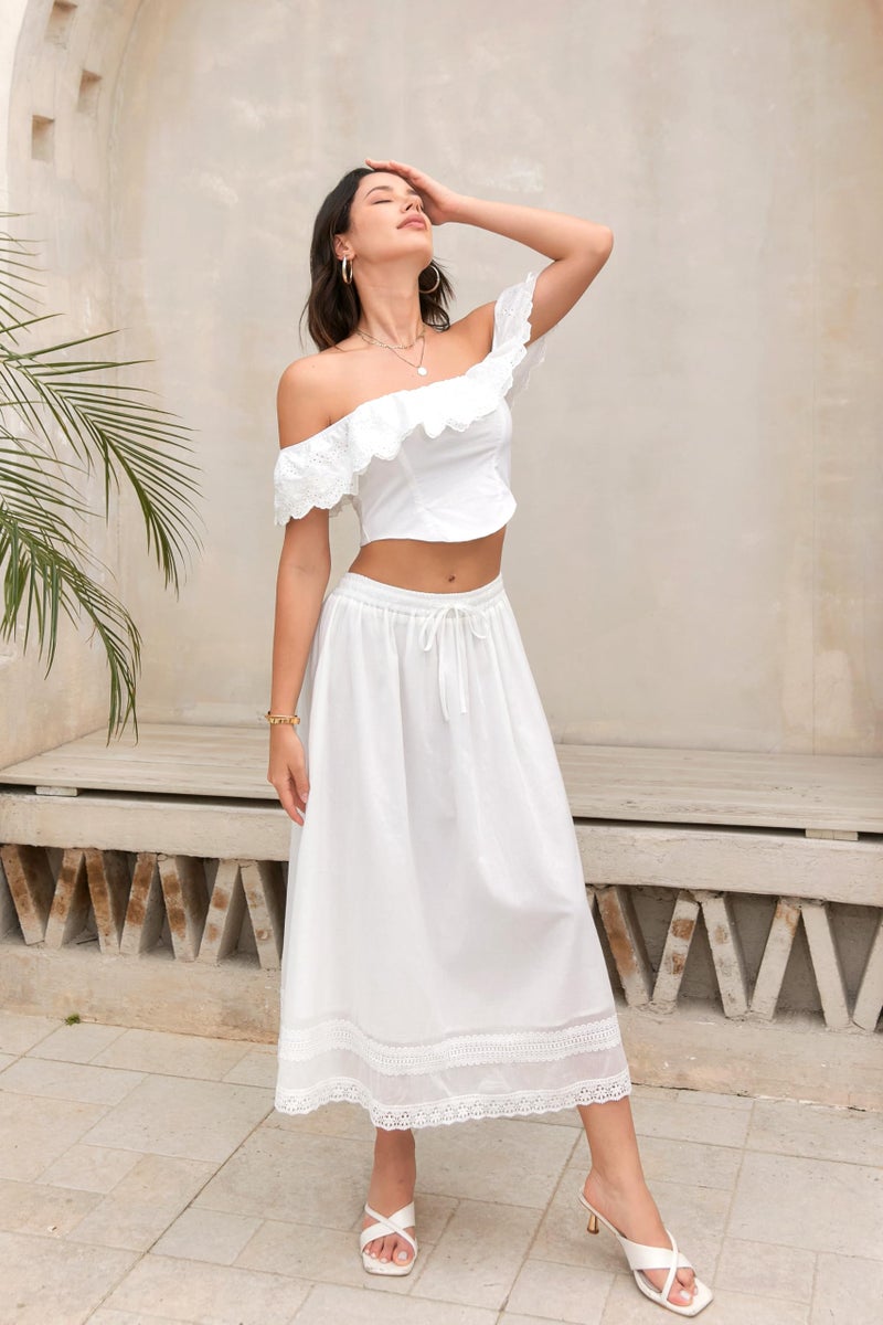 SANGTREE Women's Lace Cotton Linen Skirt Drawstring Waist A Line Beach Flowy Long Skirts, 2#lace White,(Tag Medium) - Image 3