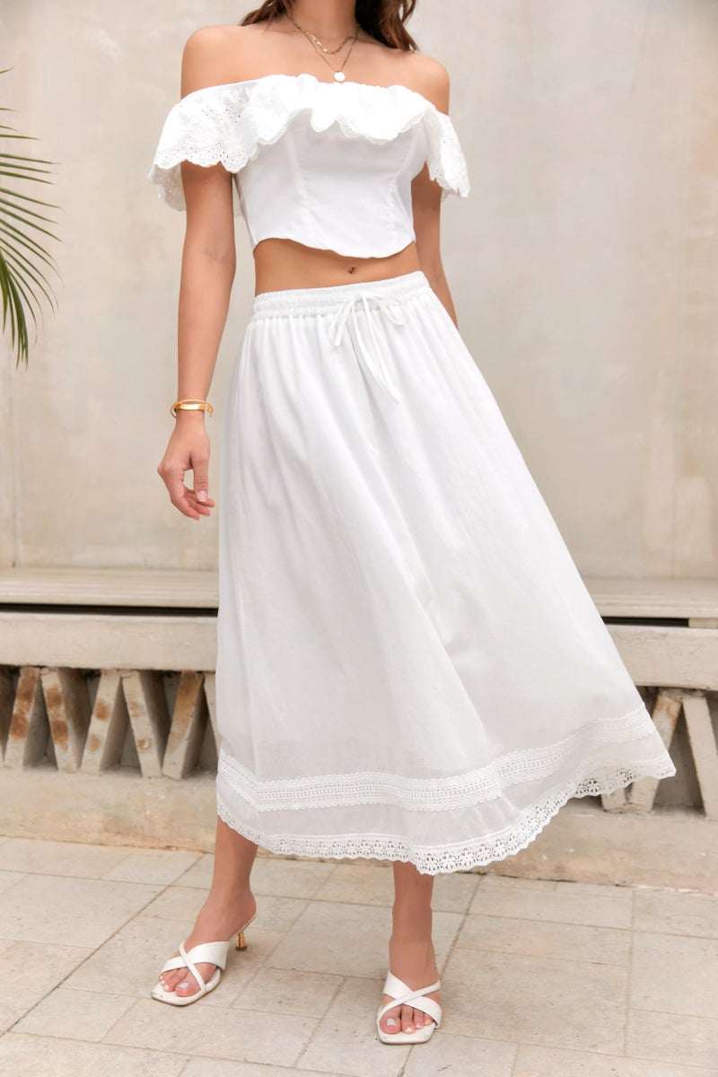 SANGTREE Women's Lace Cotton Linen Skirt Drawstring Waist A Line Beach Flowy Long Skirts, 2#lace White,(Tag Medium) - Image 2