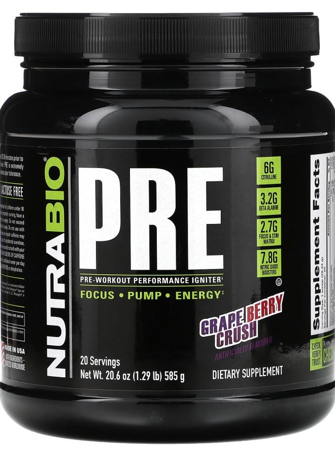 NutraBio PreWorkout Performance Igniter Grape Berry Crush 1.29 lb (585 g)