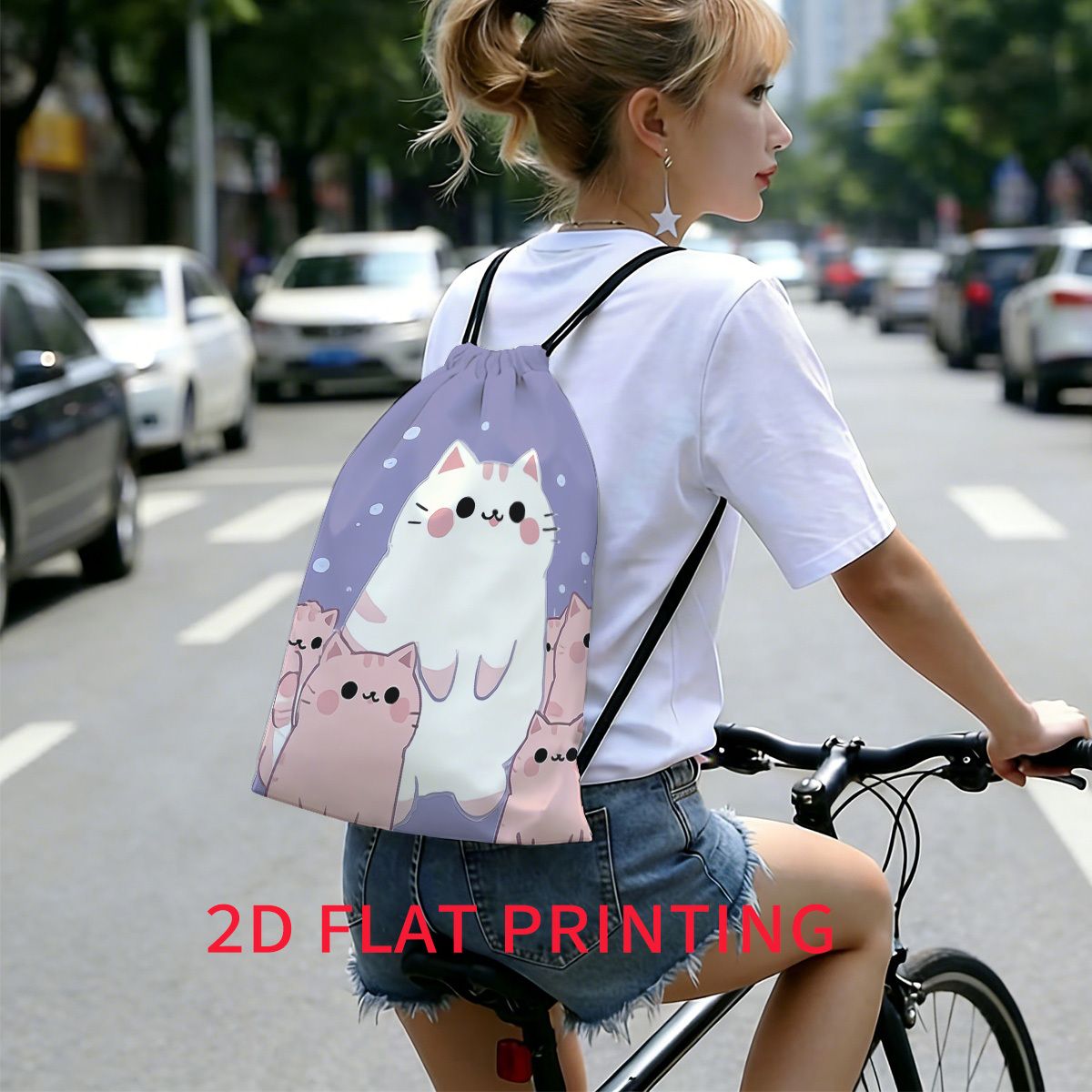 1pc 16.5x20.5 Inch 2D Flat Cat Family Happy Time Printed Drawstring Backpack Unisex Travel Bag Multifunctional Storage Pouch Personal Item Organizer with Sturdy Shoulder Straps for Travel Fitness Yoga