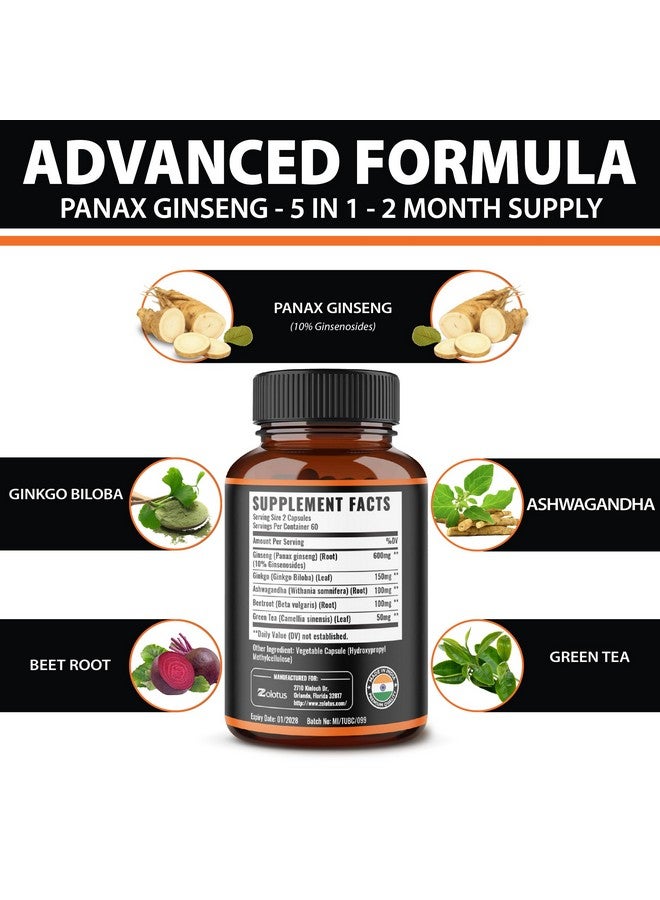 Zolotus Zolotus Korean Red Panax Ginseng + Ginkgo Biloba, Ashwagandha, Beetroot, Green Tea - 120 Capsules for 2 Month Supply  - Image 4