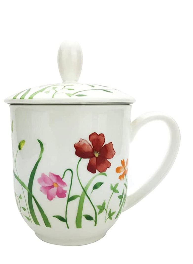 تيلاند كوب حديقة متين من البورسلين الناعم وآمن في الميكروويف مع غطاء للصحن ومصفاة لشاي الأوراق السائبة (0.375 لتر) 4 قطع - Image 1