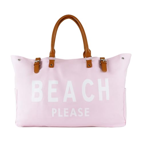 Lamyba Beach Bags Waterproof Sandproof, Extra Large Beach Bag Tote for Women with Vegan Leather, Packable Foldable Travel Totes for Summer Vacation, Pink - Image 1