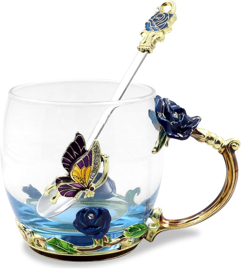 VANUODA Enamels Butterfly Flower Tea Cup,Glass Coffee Mug,Valentines Mothers Day Graduation Birthday Present Christmas Gifts for Women Mom Her Teacher - Image 1