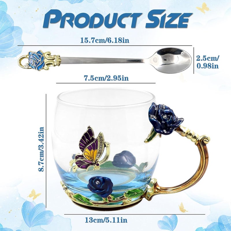 VANUODA Enamels Butterfly Flower Tea Cup,Glass Coffee Mug,Valentines Mothers Day Graduation Birthday Present Christmas Gifts for Women Mom Her Teacher - Image 2