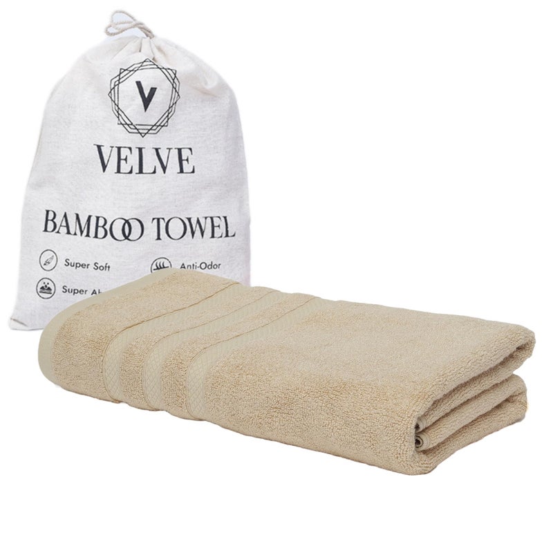 Velve Bamboo Bath Towel | 100% Bamboo | 600 GSM Premium Bath Towel for Men & Women | Ultra Soft, Super Absorbent, Antibacterial Towel for Bath, Swim, Yoga, Gym | 140 * 70 CM | Beige - Image 1