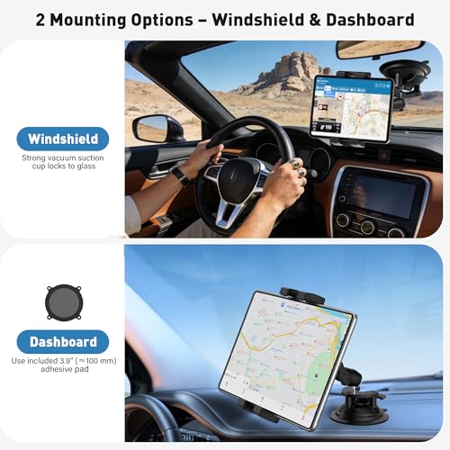 Keuvirya Heavy Duty Aluminum iPad Suction Mount for Truck Car, Anti-Shake Dashboard Windshield Tablet Holder, Thick Case Friendly, Fits 4.7-12.9" iPad Pro 12.9 Air Mini Samsung, 360° Rotation Off-Road Aviation - Image 2