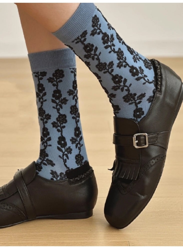 الجوارب الأطفال ريترو النبات زهرة الجوارب القطن 3 أزواج الضباب الأزرق - Image 2